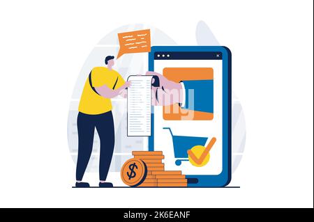 Concept de réception électronique avec scène de personnes en dessin animé plat. Man reçoit une facture pour le paiement des taxes et effectue un paiement en ligne à l'aide d'un téléphone mobile Illustration de Vecteur