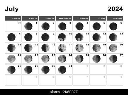 Juillet 2024 Calendrier lunaire, cycles lunaires, phases lunaires Banque D'Images