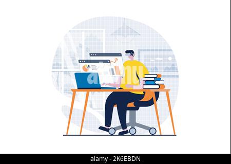 Concept métaverse avec scène de personnes en dessin animé plat. Homme dans un casque VR travaillant avec des données et interagit avec différents écrans en virtuel Illustration de Vecteur