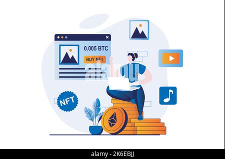 Concept de jeton NFT avec scène de personnes en dessin animé plat. Woman investit la crypto-monnaie dans l'art numérique en achetant des peintures virtuelles sur NFT Illustration de Vecteur
