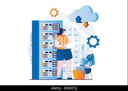 Concept SaaS avec une scène de personnes dans une conception de dessin animé à plat. Woman travaille avec des bases de données en ligne, échange des fichiers et utilise la technologie de cloud. Logiciel en tant que Illustration de Vecteur