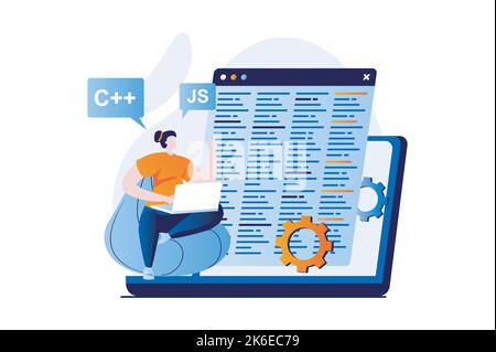 Concept de développement logiciel avec la scène de personnes dans la conception de dessins animés à plat. Programmes femme dans différentes langues, optimise le code, crée des logiciels sur Illustration de Vecteur