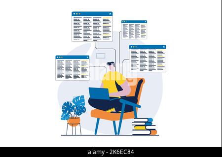Concept de développement logiciel avec la scène de personnes dans la conception de dessins animés à plat. Homme développeur programmation et code de correction, crée des scripts, travaillant dans LUI Illustration de Vecteur