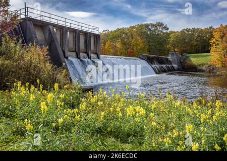 Le barrage de Shohola Falls, dans le Poconos, en Pennsylvanie, est entouré d'un magnifique feuillage d'automne Banque D'Images