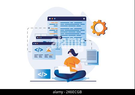 Concept de développement logiciel avec la scène de personnes dans la conception de dessins animés à plat. Femme travaillant, optimise le code à l'écran, programmation et crée des produits sur Illustration de Vecteur