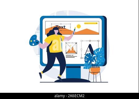 Concept de conception UI ux avec scène de personnes en dessin animé plat. Femme illustrateur travaillant avec la mise en page de l'interface, le dessin et crée des éléments et Illustration de Vecteur