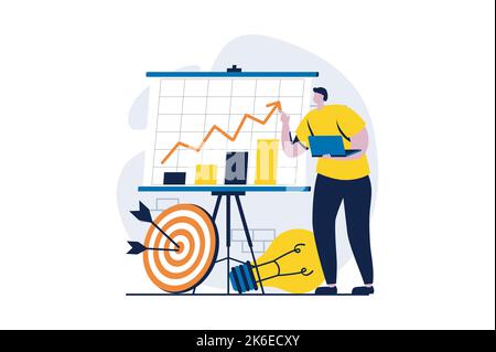 Concept de planification stratégique avec scène de personnes en dessin animé plat. Des données d'analyse de l'homme sur des graphiques, des brainstorming, le développement des affaires et des clients Illustration de Vecteur