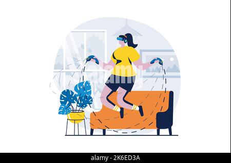 Concept de réalité virtuelle avec une scène de personnes dans un dessin animé plat. Femme dans des lunettes VR avec les contrôleurs sautant par la simulation virtuelle de saut Illustration de Vecteur
