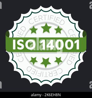 Panneau certifié ISO 14001. Timbre approuvé par la norme internationale du système de gestion de l'environnement. Icône de vecteur isolé verte Illustration de Vecteur