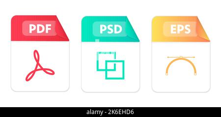 Icônes de type de fichier. Ensemble de PDF, eps, PSD. Icônes colorées de la collection à télécharger sur l'ordinateur. Modèles graphiques pour l'interface utilisateur. Types de document en style plat Illustration de Vecteur