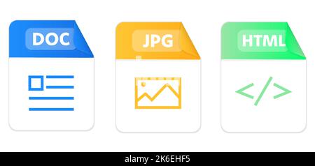 Icônes de type de fichier. Jeu de doc, jpg, html. Icônes colorées de la collection à télécharger sur l'ordinateur. Modèles graphiques pour l'interface utilisateur. Types de document en style plat Illustration de Vecteur