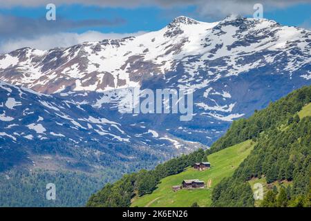 Montagnes enneigées dans le parc national du Stelvio avec fermes, Valfurva, alpes italiennes Banque D'Images