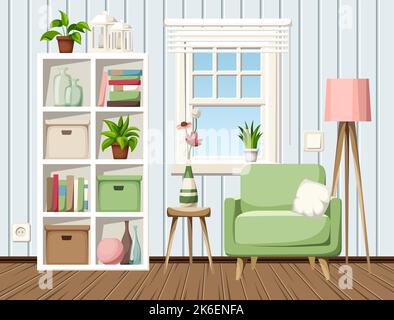 Intérieur confortable de salon avec des murs bleus, un fauteuil, une étagère, une fenêtre et un lampadaire. Illustration vectorielle de dessin animé Illustration de Vecteur