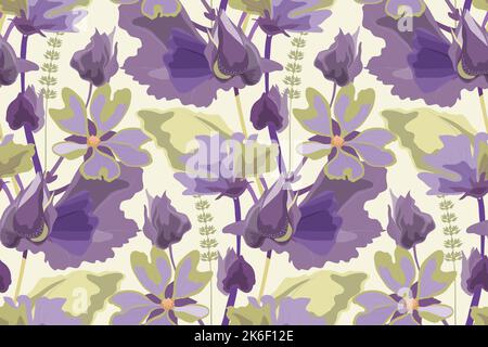 Motif fleuri vectoriel sans coutures avec moults. Fleurs violettes, feuilles de couleur olive sur fond clair. Illustration de Vecteur