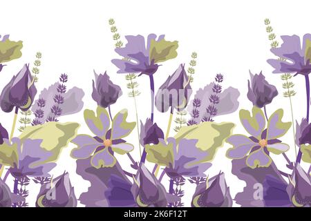 Motif fleuri vectoriel sans couture, bordure. Design panoramique horizontal avec des maloques aux tons lilas et olive sur fond blanc. Illustration de Vecteur