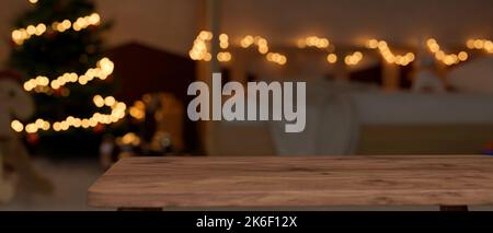 Copiez l'espace pour votre présentation de produit sur un plan d'examen en bois sur une chambre floue avec un arbre de Noël la nuit en arrière-plan. Arrière-plan de Noël. 3d tr Banque D'Images