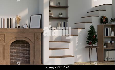 Nordic scandinave et confortable maison salon design intérieur avec cheminée classique en bois, escalier, bibliothèque, arbre de Noël, décoration et Christm Banque D'Images