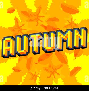Automne. Mot pixélisé avec arrière-plan graphique géométrique. Illustration de dessin animé vectoriel. Illustration de Vecteur