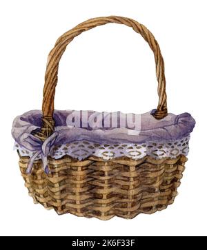 Panier de fruits et légumes à la main aquarelle . Illustration du panier à pain en osier. panier à pain pour grand-mère. Grand panier en osier brun avec main Banque D'Images