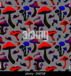 Motif sans couture de champignons psychédéliques. Russula, agaric de mouche, chanterelles, tabourets de crapaud, escargot. Champignon poison. Conception textile, emballage, housse Banque D'Images