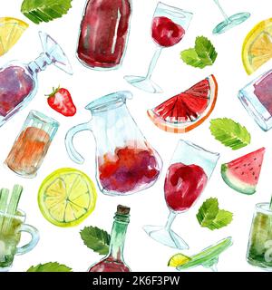 Motif aquarelle sans couture avec vin rouge, sangria en carafe, verres. Illustration de vin maison avec frutis. Design pour les offres de saison, décor, Banque D'Images