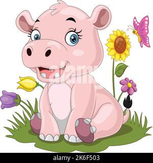 Dessin animé bébé hippo assis dans l'herbe Illustration de Vecteur