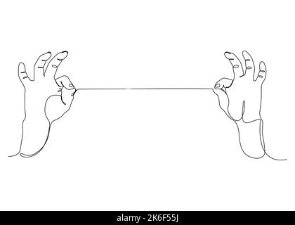 Un dessin de ligne continu de deux mains tenant une ficelle. Concept de vecteur d'illustration à trait fin. Dessin de contour idées créatives. Illustration de Vecteur