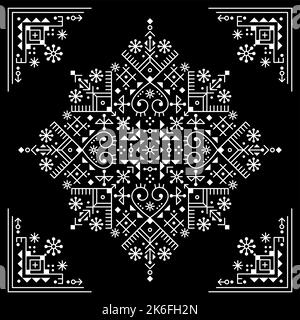 Motif de mandala vectoriel de style tribal ou neotribal avec coins géométrique ornemental inspiré de l'art de la rune nordique en blanc sur noir Illustration de Vecteur