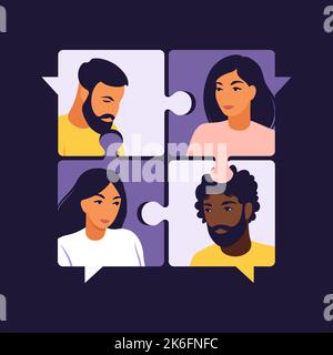 Symbole du travail d'équipe, de la coopération, du partenariat. Personnes reliant des éléments de puzzle. Illustration vectorielle. Plat isolé. Illustration de Vecteur