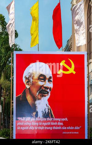 Poster de propagande de portrait d'Ho Chi Minh, Saigon, Vietnam Banque D'Images