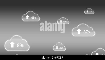 Illustration de nombres avec des symboles de pourcentage et de flèche vers le haut dans les nuages sur fond gris Banque D'Images