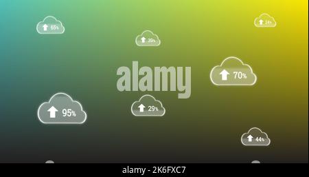 Illustration de nombres avec des signes de pourcentage et de flèche vers le haut dans les nuages sur fond dégradé Banque D'Images