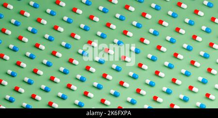 Modèle de capsules de médicaments sur fond vert clair Banque D'Images