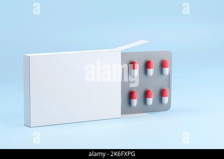 L'emballage vierge et les capsules médicales sont rapprochés sur fond bleu. 3d illustration Banque D'Images