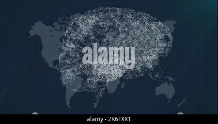 Illustration de points connectés formant le cerveau numérique sur la carte sur fond bleu Banque D'Images