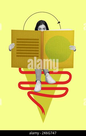 Dessin créatif collage image de la petite femme lisant grand livre intéressant bookworm éducation étude apprendre l'école d'école d'étudiant Banque D'Images