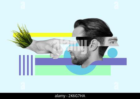 Poster créatif collage de main poussant le visage mâle Glitch effet visuel vert bio herbe écologie environnement mental psychologie mentale Banque D'Images