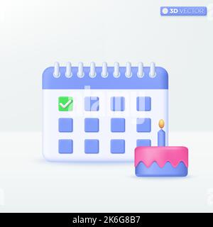 Symboles d'icône de calendrier d'anniversaire. Happy, compliment, Reminder surprise Celebration concept. 3D illustrations vectorielles isolées. Dessin animé pastel Minim Illustration de Vecteur