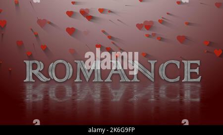 ROMANCE - lettrage gris avec effets d'éflection sur la surface structurée et les coeurs sur l'arrière-plan - 3D Illustration Banque D'Images