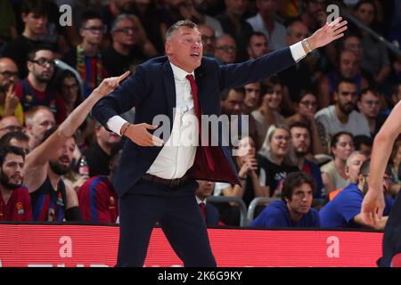 Salas Jasikevicius du FC Barcelone lors du match Euroligue des compagnies aériennes turques entre le FC Barcelone et le Real Madrid au Palau Blaugrana Banque D'Images