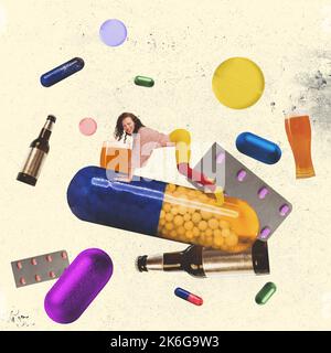 Arrêter les mauvaises habitudes. L'alcool abstrait, les comprimés tombant, les pilules. Œuvres d'art ou collage créatif, design artistique. Concept de soins de santé, alcoolisme, soutien Banque D'Images