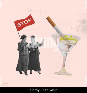 Arrêter les mauvaises habitudes. L'alcool abstrait, les cigarettes. Œuvres d'art ou collage créatif, design artistique avec des femmes rétro. Concept de soins de santé, alcoolisme, aide Banque D'Images