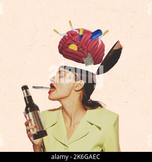 Arrêter les mauvaises habitudes. L'alcool abstrait, les comprimés tombant, les pilules. Œuvres d'art ou collage créatif, design artistique. Concept de soins de santé, alcoolisme, soutien Banque D'Images