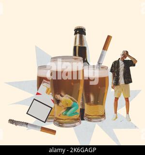 Arrêter les mauvaises habitudes. L'alcool abstrait, les cigarettes. Œuvres d'art ou collage créatif, design artistique. Concept de soins de santé, alcoolisme, aide médicale, mauvaise habitude Banque D'Images