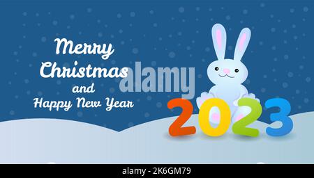 Joyeux Noël et bonne année 2023 carte de voeux avec lapin en style dessin animé. Illustration vectorielle Illustration de Vecteur