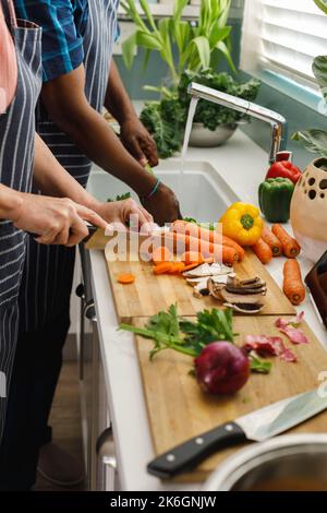 Joyeux couple senior divers portant des tabliers et coupant dans la cuisine Banque D'Images