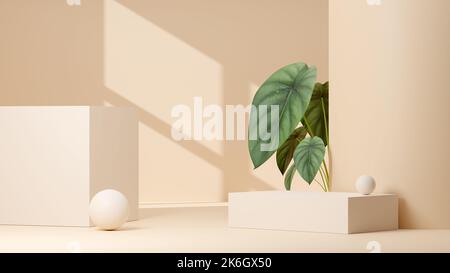 Un podium de présentation de produit sur le thème de la nature en 3D devant une plante avec un fond beige Banque D'Images