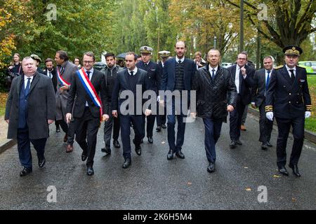 Palaiseau, France. 14 octobre 2022, maire de la Grégoire de Lasteyrie Palaiseau lors de la visite de Sébastien Lecornu, ministre des forces armées à l'Ecole Polytechnique sur 14 octobre 2022 à Palaiseau, France. Photo de Nasser Berzane/ABACAPRESS.COM Banque D'Images