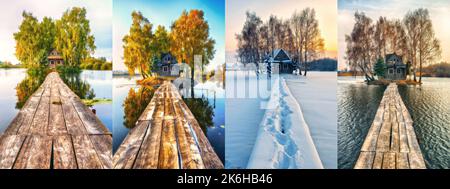 collection de photos d'une fabuleuse cabane sur une petite île. quatre saisons : hiver, printemps, été, automne Banque D'Images