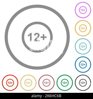 Autorisé au-dessus de 12 ans seulement des icônes de couleur plate dans les contours ronds sur fond blanc Illustration de Vecteur